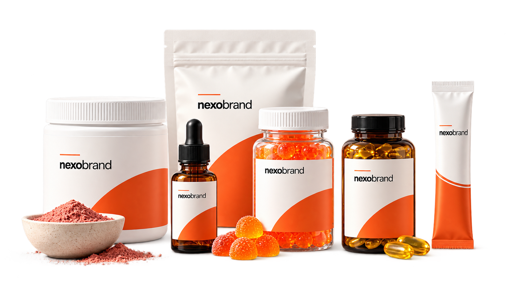 Linha de produtos NexoBrand: pote de suplemento, composto líquido, gummies, softgels, pouch e sachê